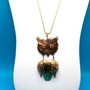 Owl Pendant Gemstone Eyes Necklace, Brass Metal, Gold Tone Chain